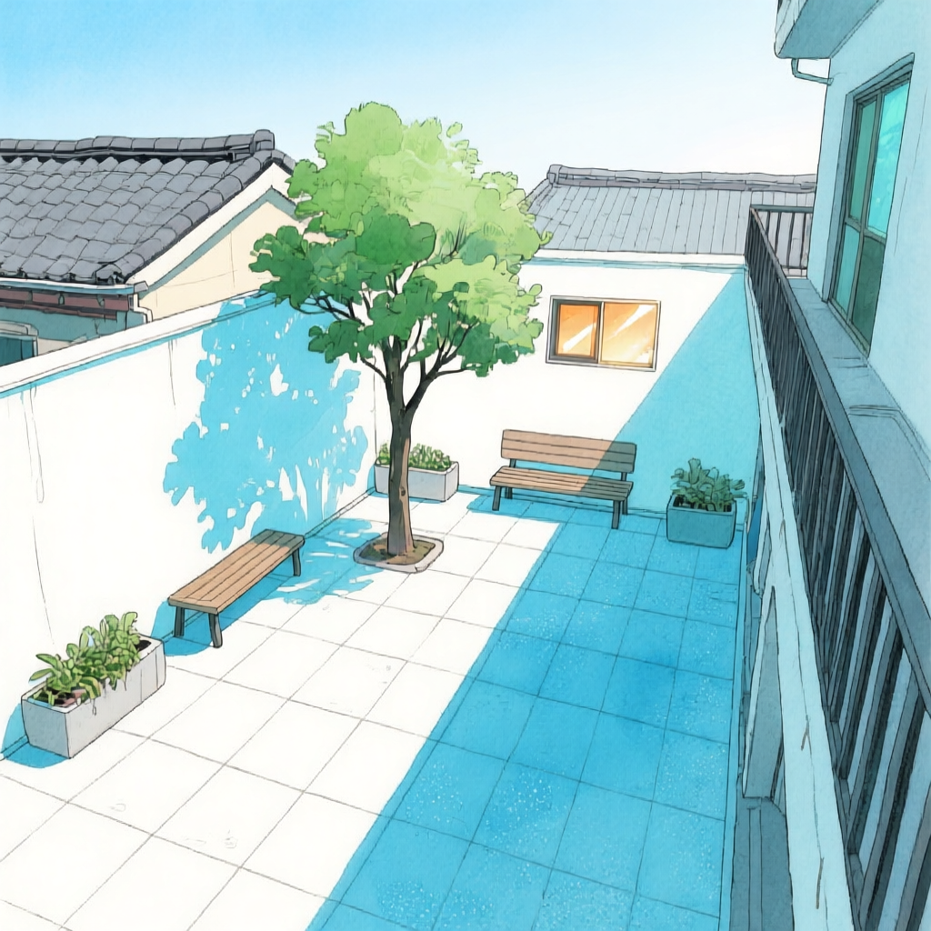 이른 아침 courtyard를 위에서 내려다본 Qwen Image v3 30스텝 화풍 원본